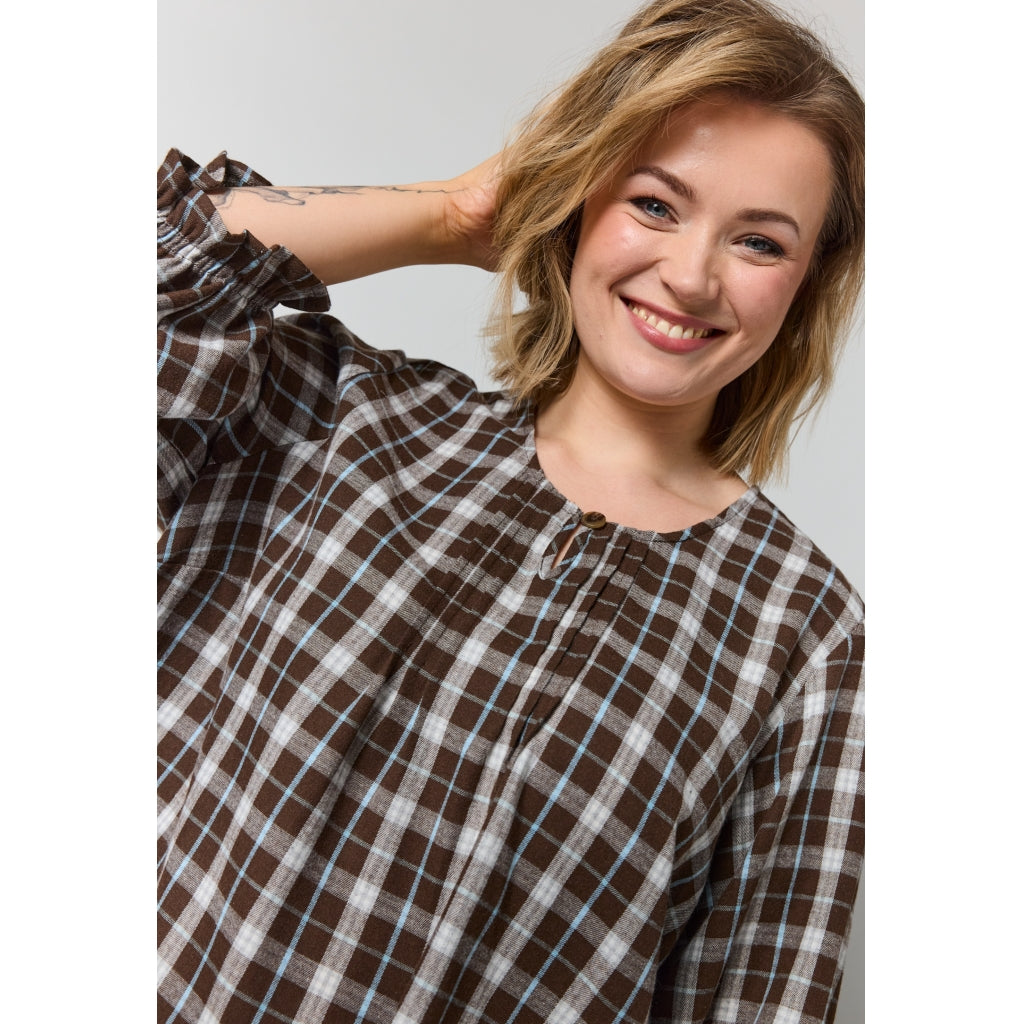 Gozzip Woman GIben Blouse Blouse Brown check with light blue stripe