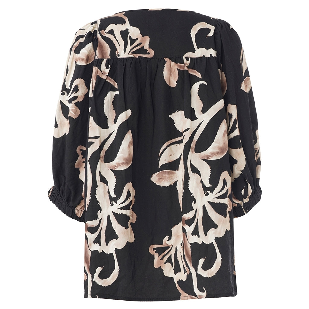 Gozzip Woman GMalou Blouse Blouse Black with offwhite brown leaves