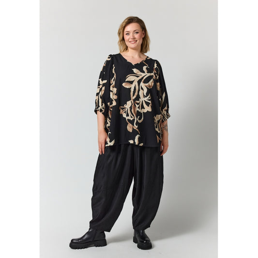 Gozzip Woman GMalou Blouse Blouse Black with offwhite brown leaves