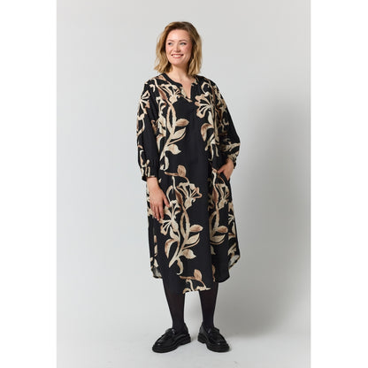 Gozzip Woman GValdis Dress Dress Black with offwhite brown leaves